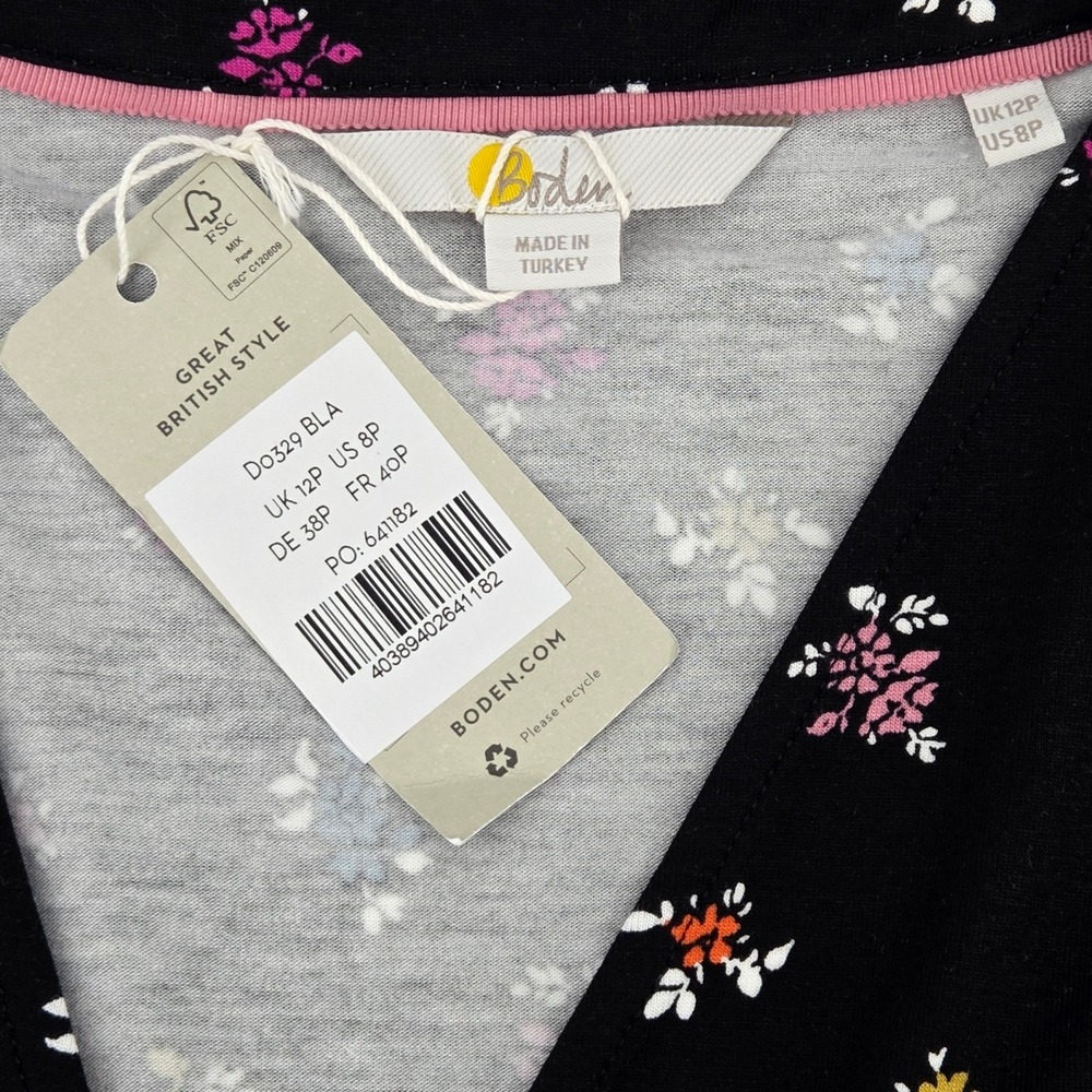 Boden Black Dainty Floral Wrap Dress Long Sleeve V Neck Midi Pockets 8P‎ - Picture 4 of 12